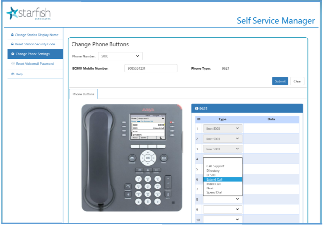 UI for Starfish Self Service Manager, showing how users can manage phone settings. "Change Phone Settings" is selected on the left.