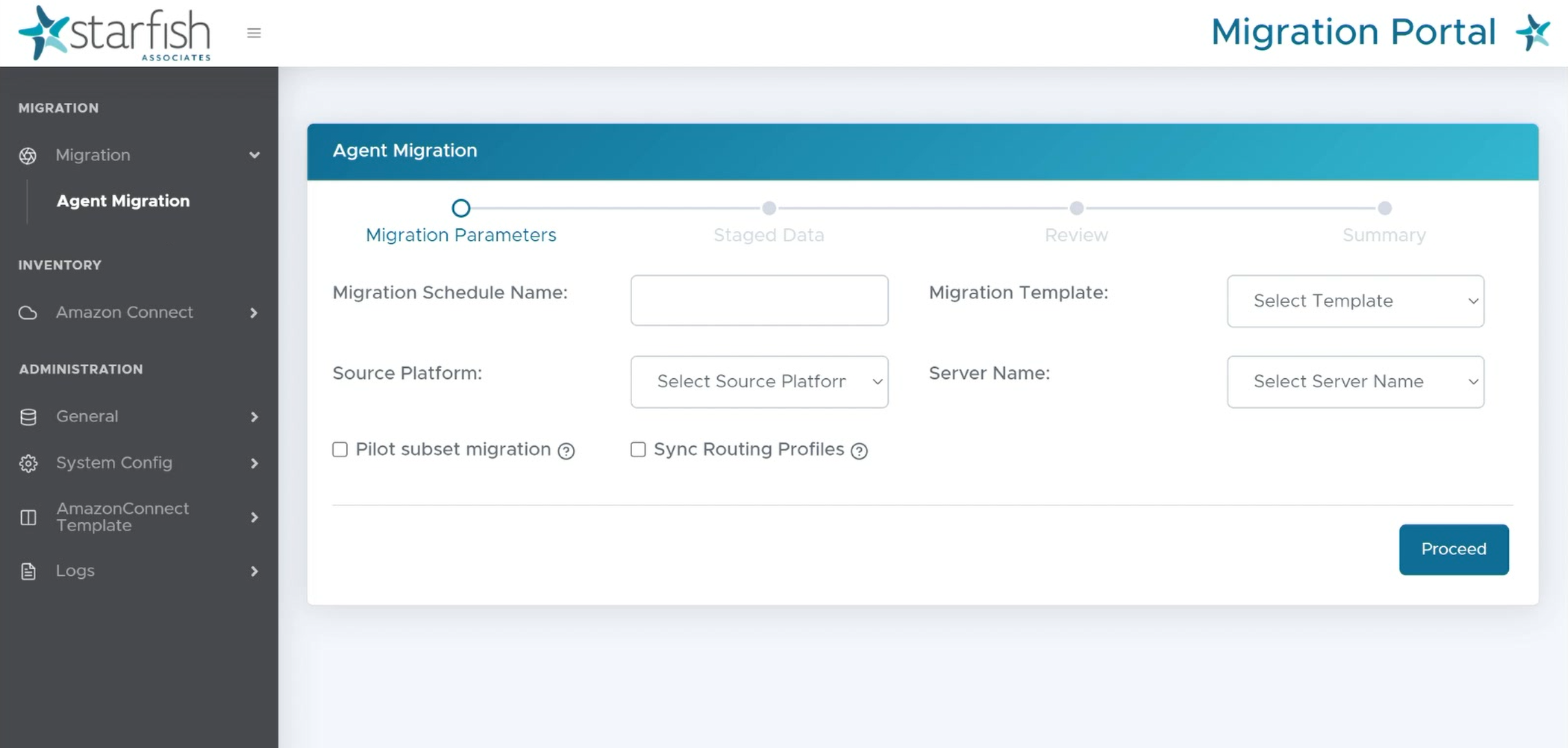 UI for Migration Solution for Amazon Connect, showing how system administrators can easily manage agents. The tab "Agent Migration" is selected on the toolbar and the main screen shows where the migration parameters are set. Admins can then just click a button to "proceed".