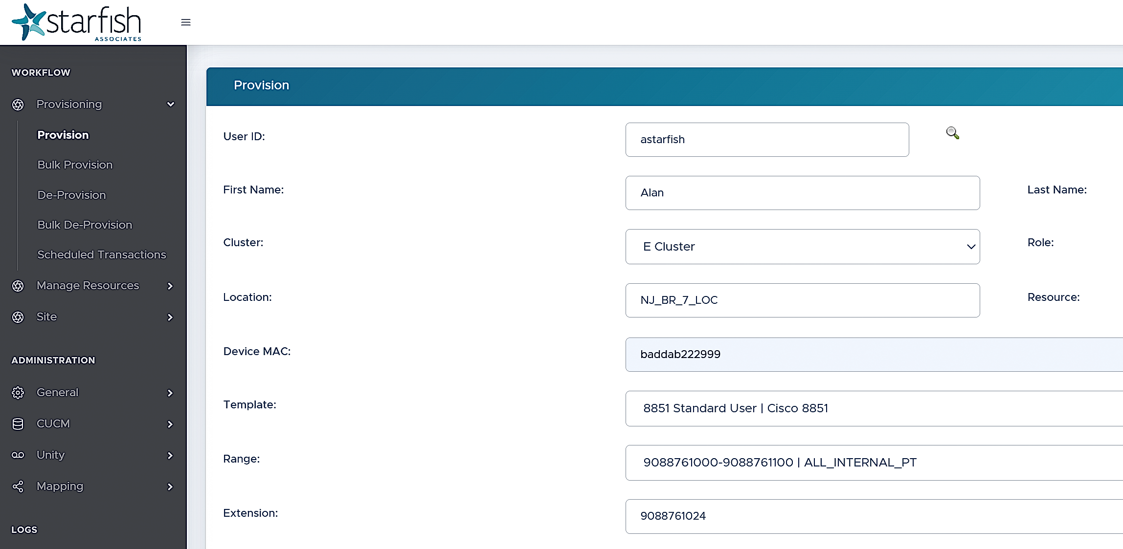 UI for Starfish Provisioning Manager for Cisco, showing how system administrators can easily provision users. The tab "Provision" is displayed on the left, beneath the Provisioning header.