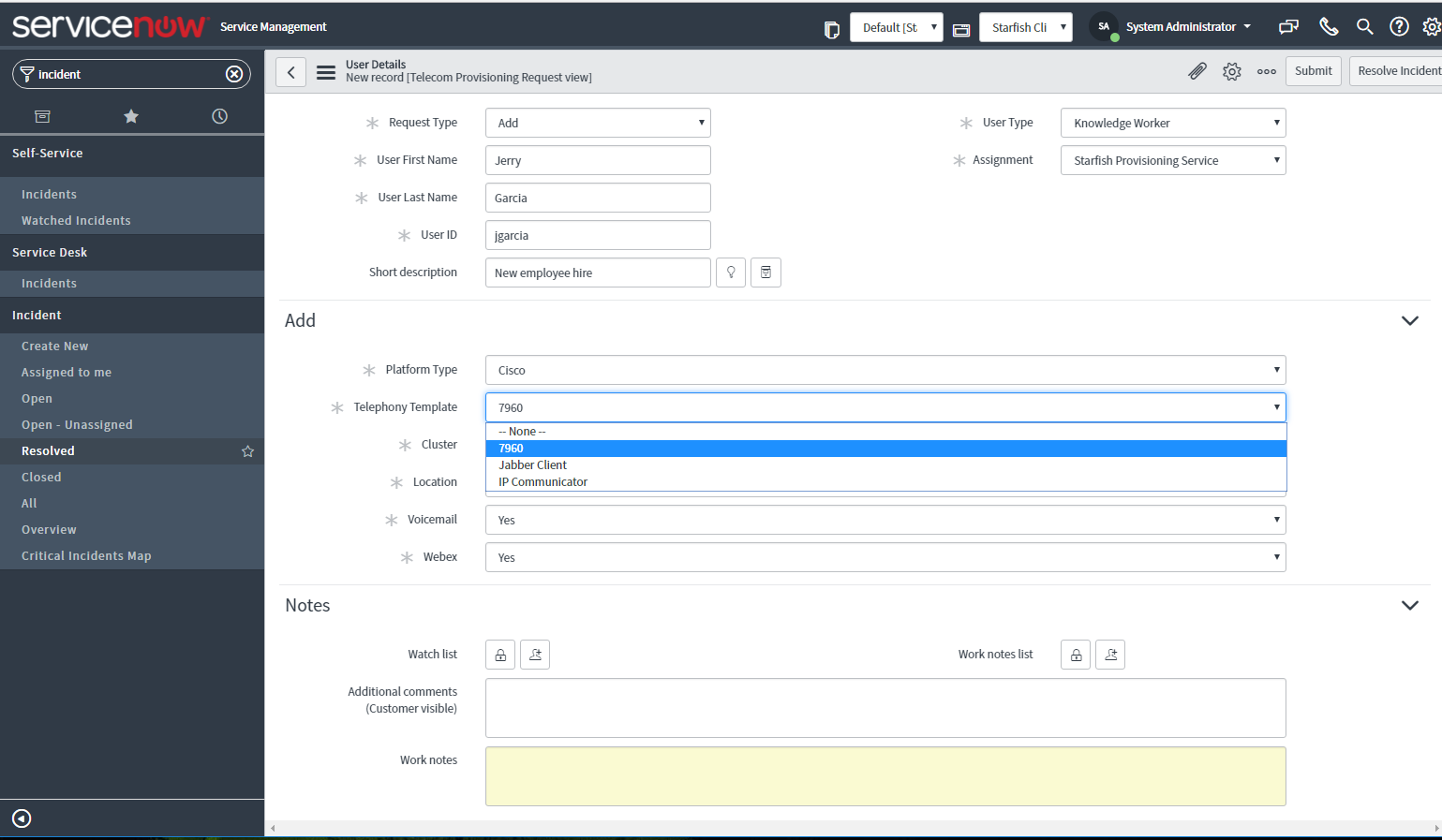UI for ServiceNow, showing Starfish Provisioning Manager ServiceNow Integration.