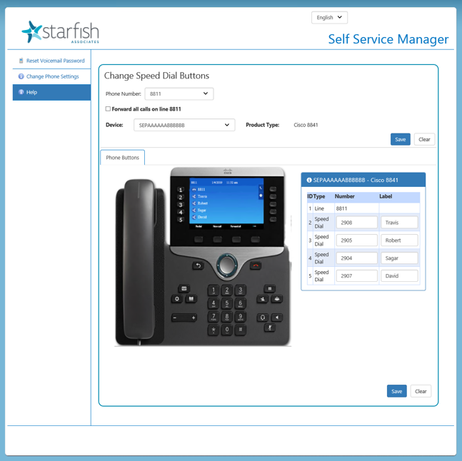 UI for Starfish Self Service Manager, showing how users can manage phone settings. "Change Speed Dial Buttons" is displayed.
